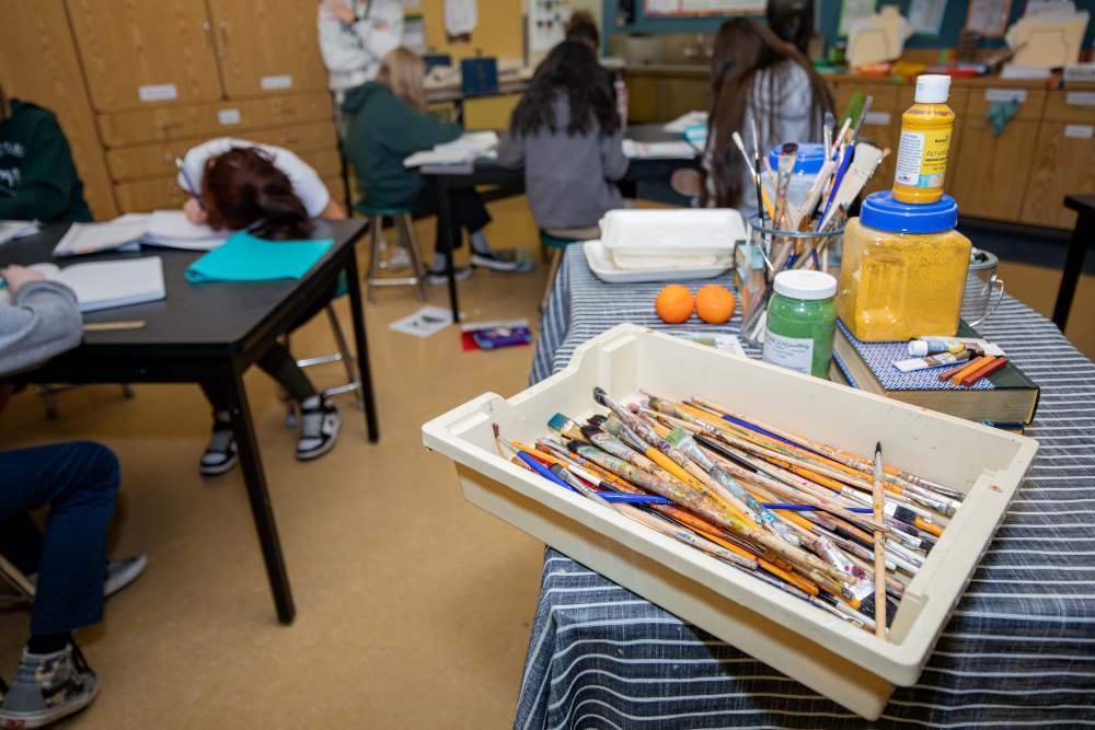 tray of paint brushes on a table at Twin Peaks tuition-free PK-12 charter school