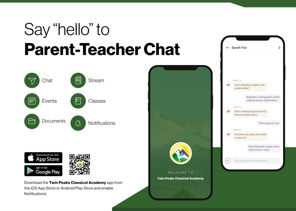 screenshots of the mobile app highlighting a chat feature for teacher communication