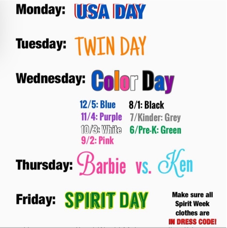 schedule for spirit days 